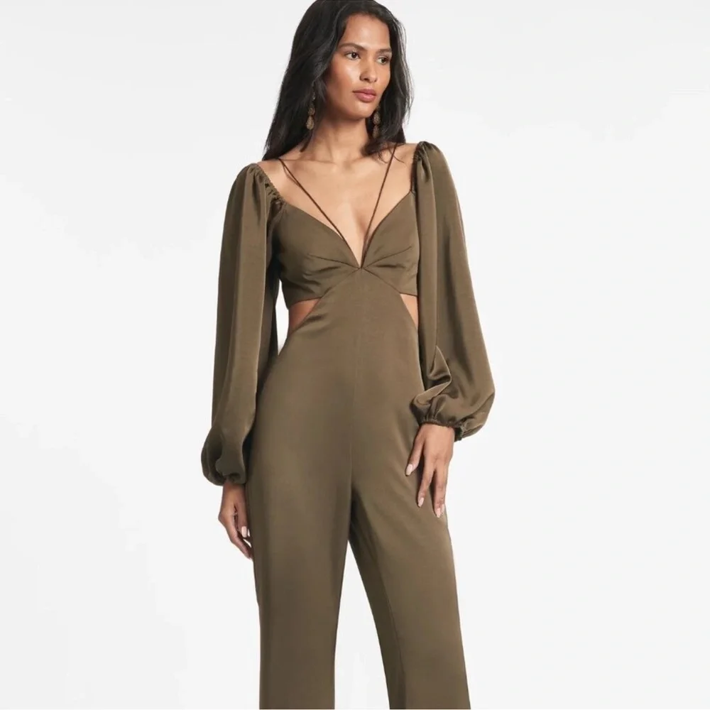 NWT Sachin + Babi Bruni Jumpsuit Dark Olive Green‎ Long Sleeve Cut Outs Size 8